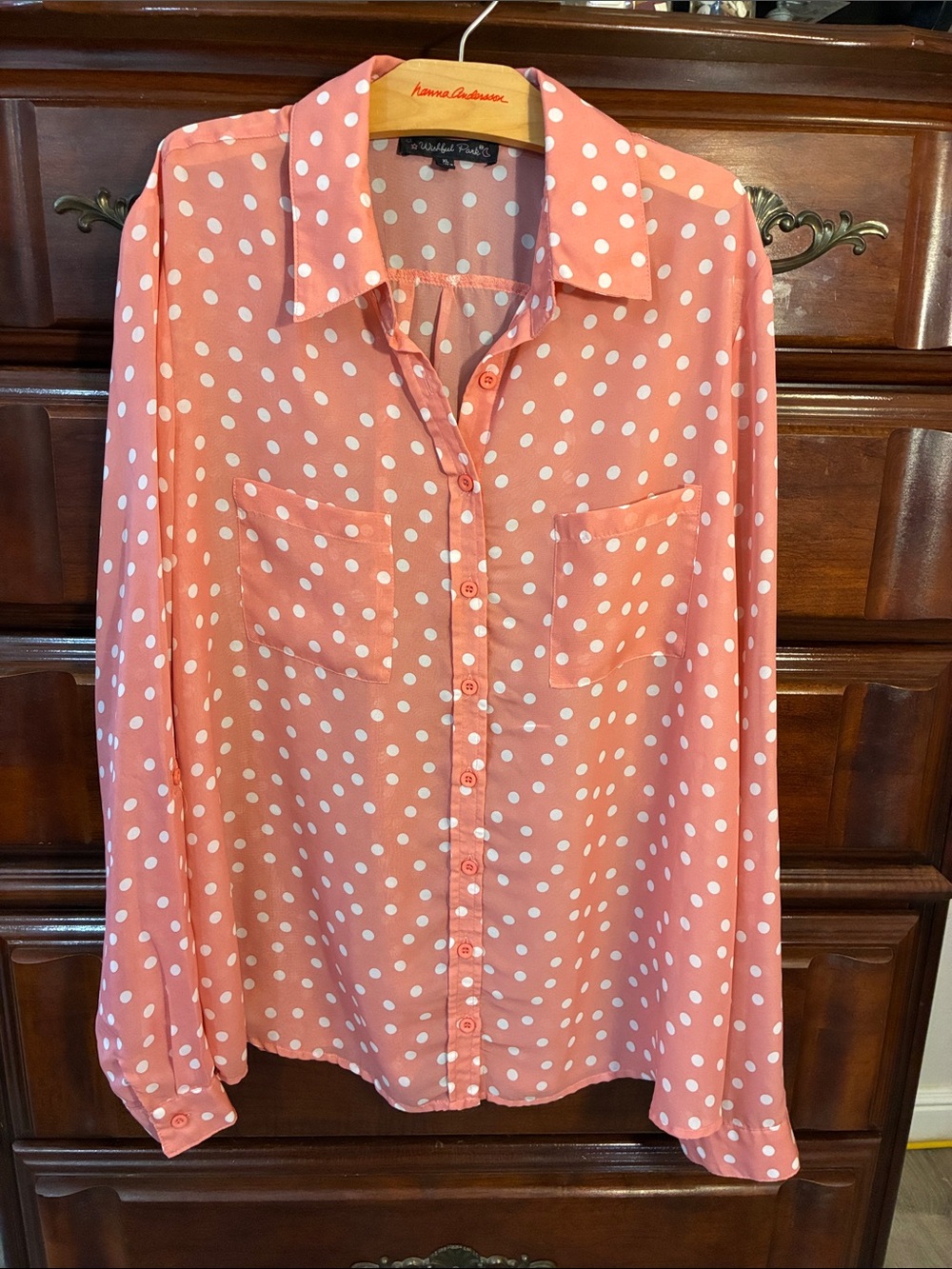 Coral Pink Polka Dot Button Down Blouse Size XL